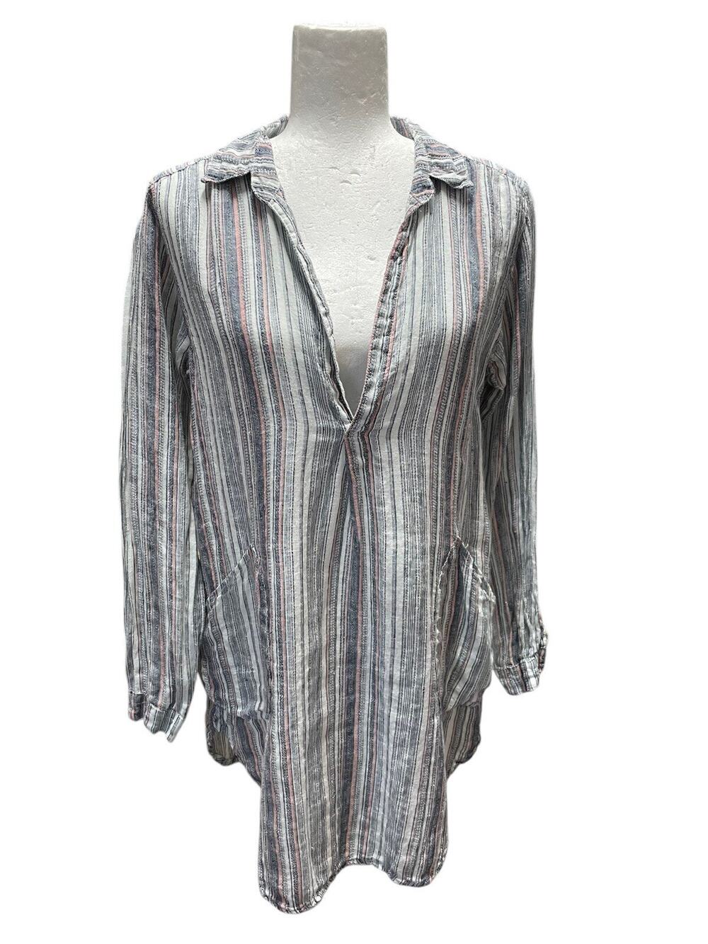 CP Shades Linen Shirt Dress Tunic Red White Blue Stripe Pockets Size XS
